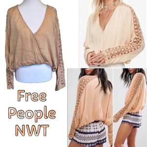 Free People NWT Runaway Peach Crochet Sleeve Blouse XS